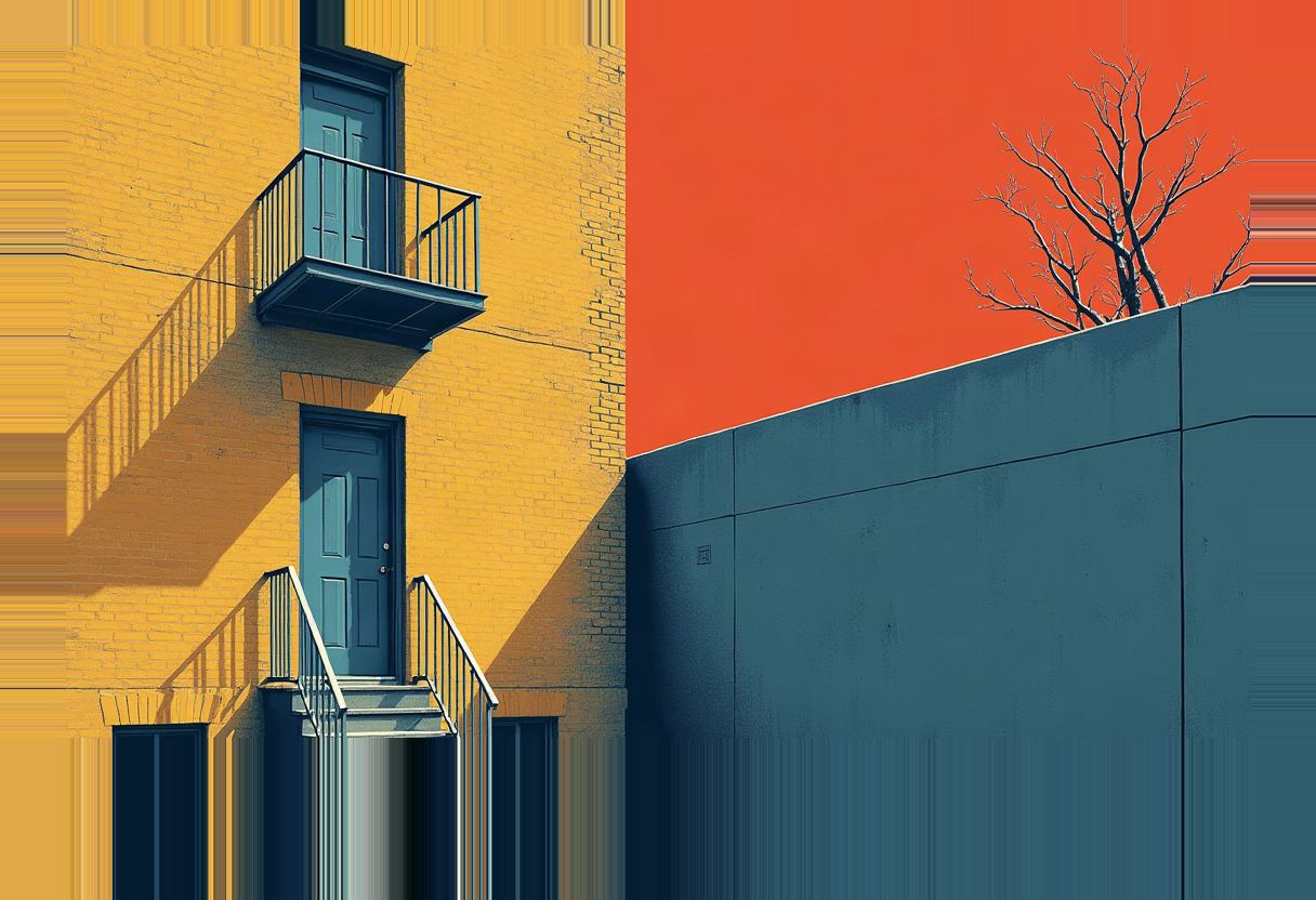 Yellow brick building with blue doors, a balcony, and front steps beside a dark blue wall and bare tree against an orange-red sky.