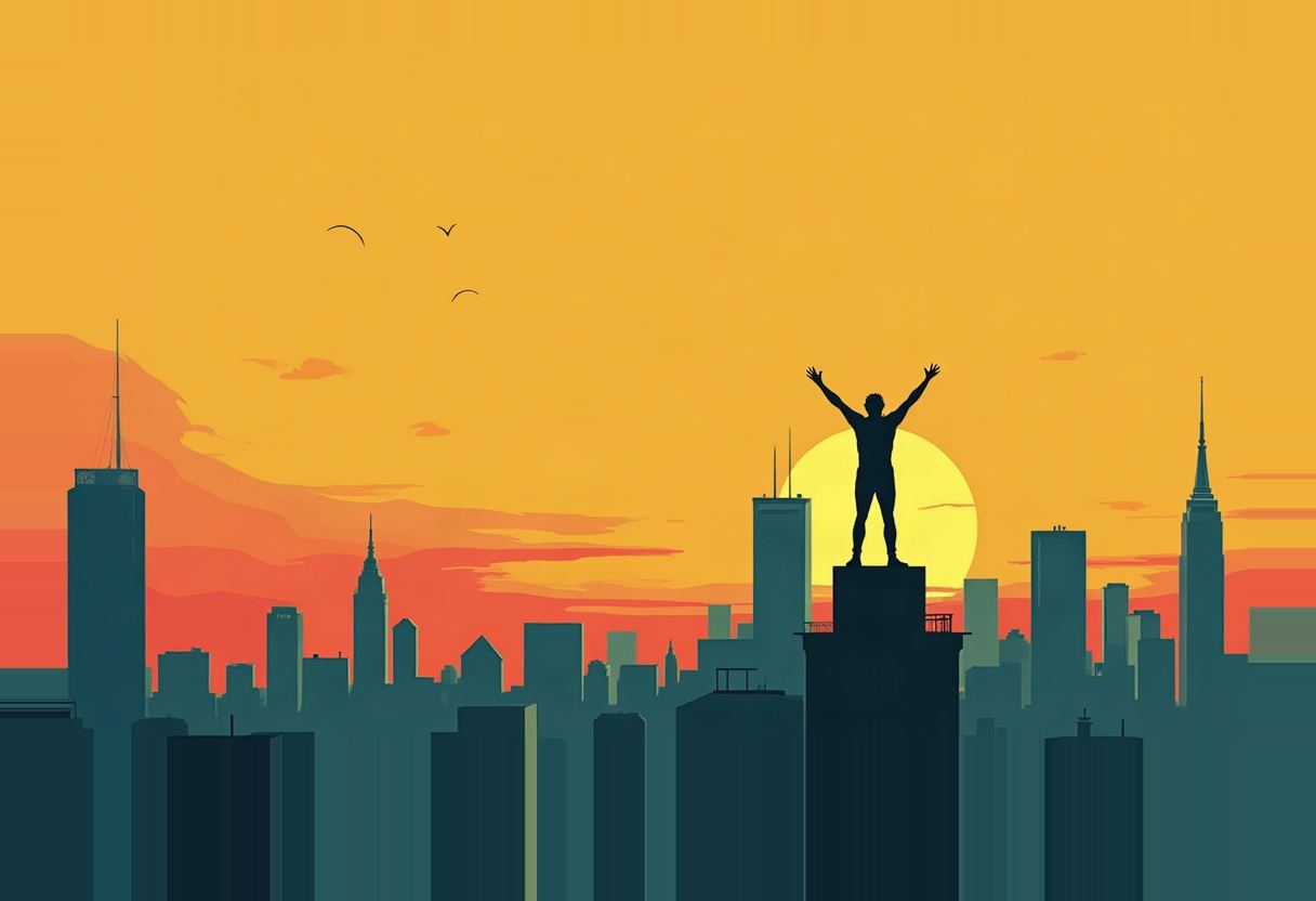 Silhouette of a figure with arms raised atop a skyscraper against a yellow sun and orange sky, with a teal city skyline and three birds below.