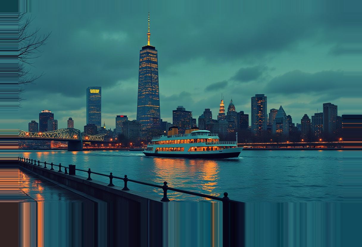 A lit ferry crosses a river at dusk before a Manhattan skyline with a tall spired tower, a bridge, and a railed waterfront promenade in the foreground.