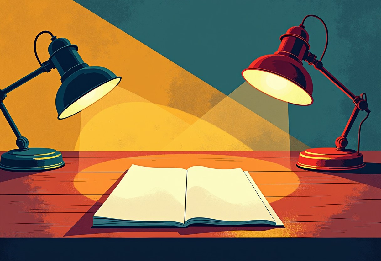 A blank open book on a desk, lit by two lamps of different color temperature casting different-hued shadows