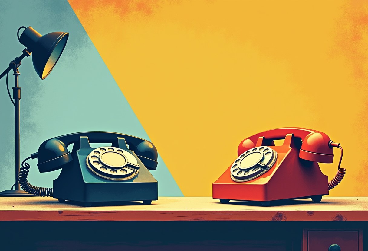 Two rotary telephones on a bare wooden desk, one receiver on the hook under cool blue light and one receiver off the hook under warm amber light, no text