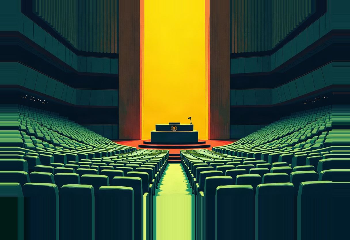 Empty green auditorium seats fan out toward a raised podium with a microphone, backlit by a tall glowing yellow panel between dark curtains.