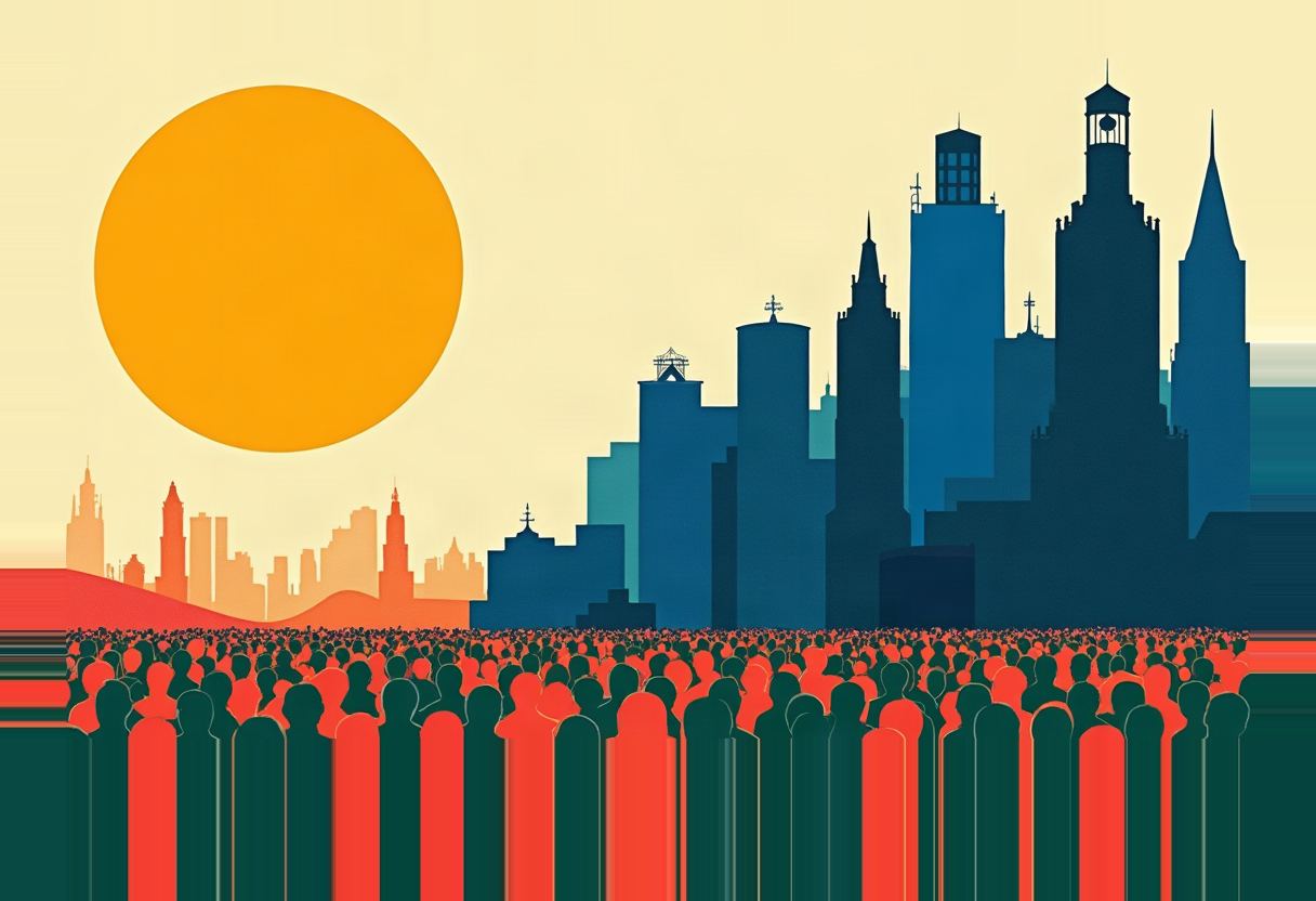 A large orange sun sits over a blue city skyline of towers and spires, with a dense crowd of red and dark green silhouetted figures filling the foreground.
