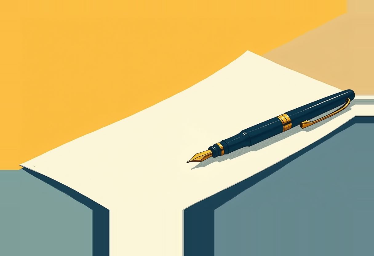 A dark blue fountain pen with gold trim rests diagonally atop a curled sheet of cream paper, against a yellow and teal-blue background.