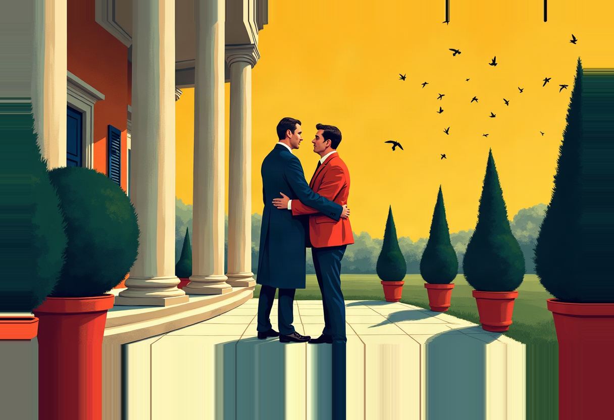 Two illustrated men in dark suit and red jacket embrace face-to-face on a columned porch beside potted topiaries, birds scattering across a yellow sky.