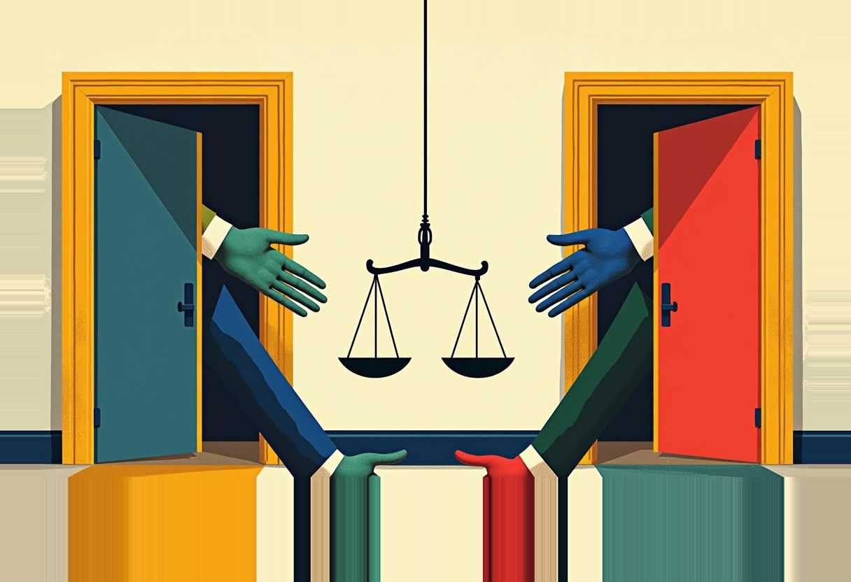 Two open doors, one teal and one red, each with a suited arm reaching out; a pair of scales hangs suspended between them over a beige background.