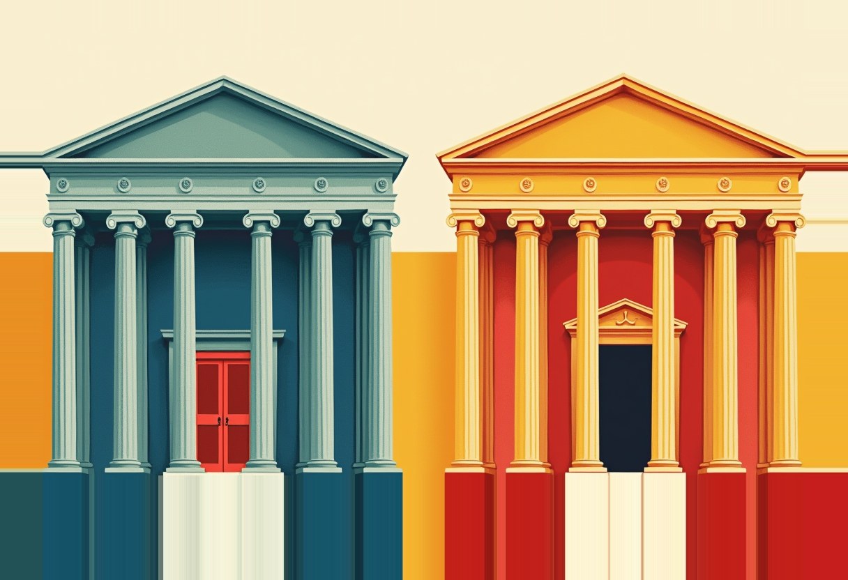 Two columned courthouse facades side by side, one in blue-gray tones with a closed red door, the other in yellow and red with a dark open doorway.