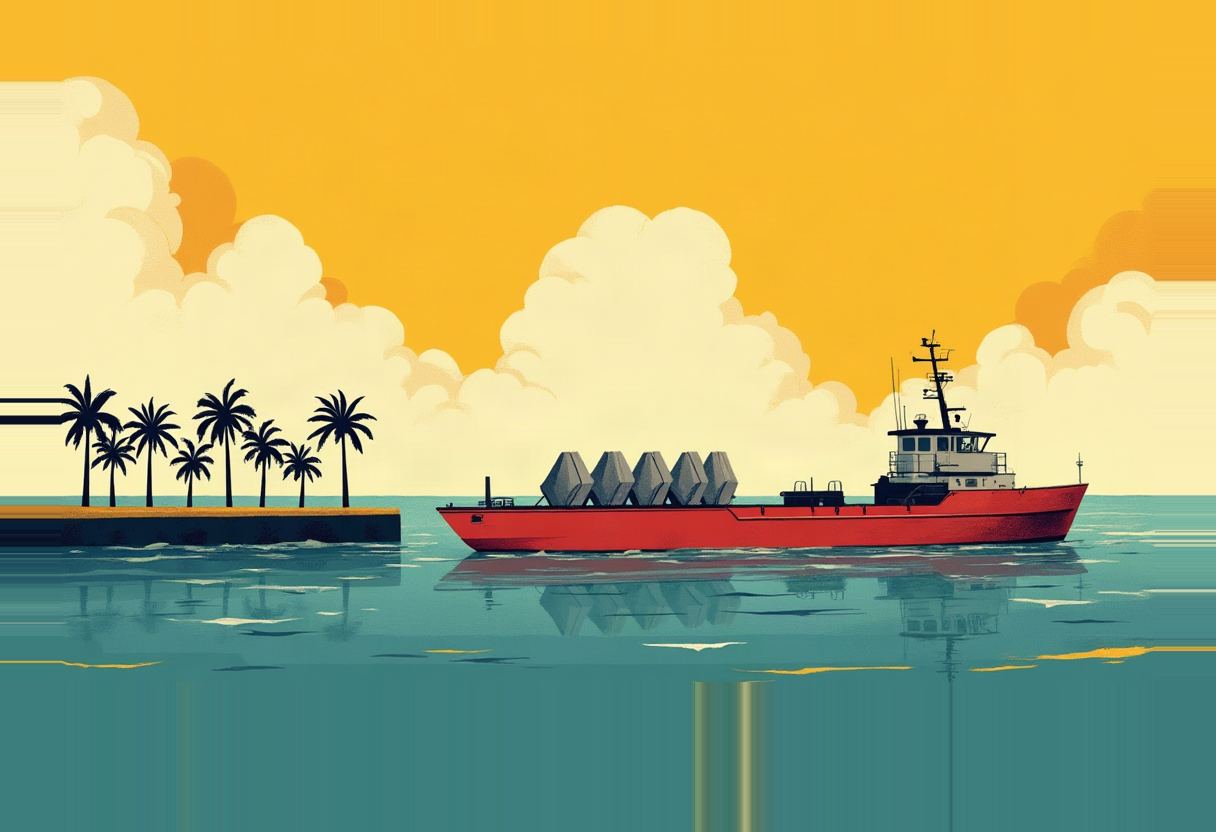 A red cargo vessel carrying five gray angular blocks sails near a palm-lined pier under an orange sky with pale clouds, teal water below.