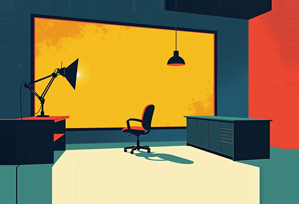Illustration of an empty red office chair casting a shadow before a large glowing yellow screen, flanked by a desk lamp, hanging pendant light, and a teal cabinet.