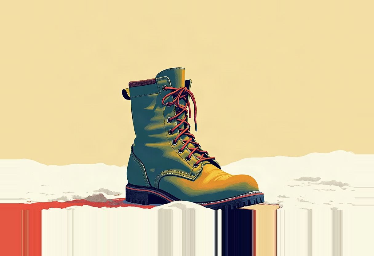 A single lace-up boot in teal and mustard tones stands in snow against a pale yellow background, with red laces and a strip of red beneath the snowline.
