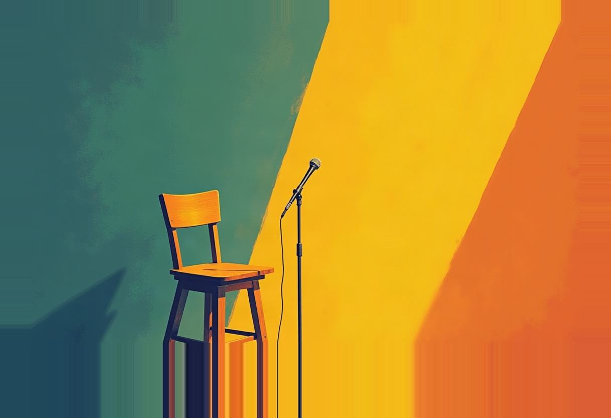 An empty wooden stool beside a standing microphone against a diagonally split teal-green and yellow-orange background.