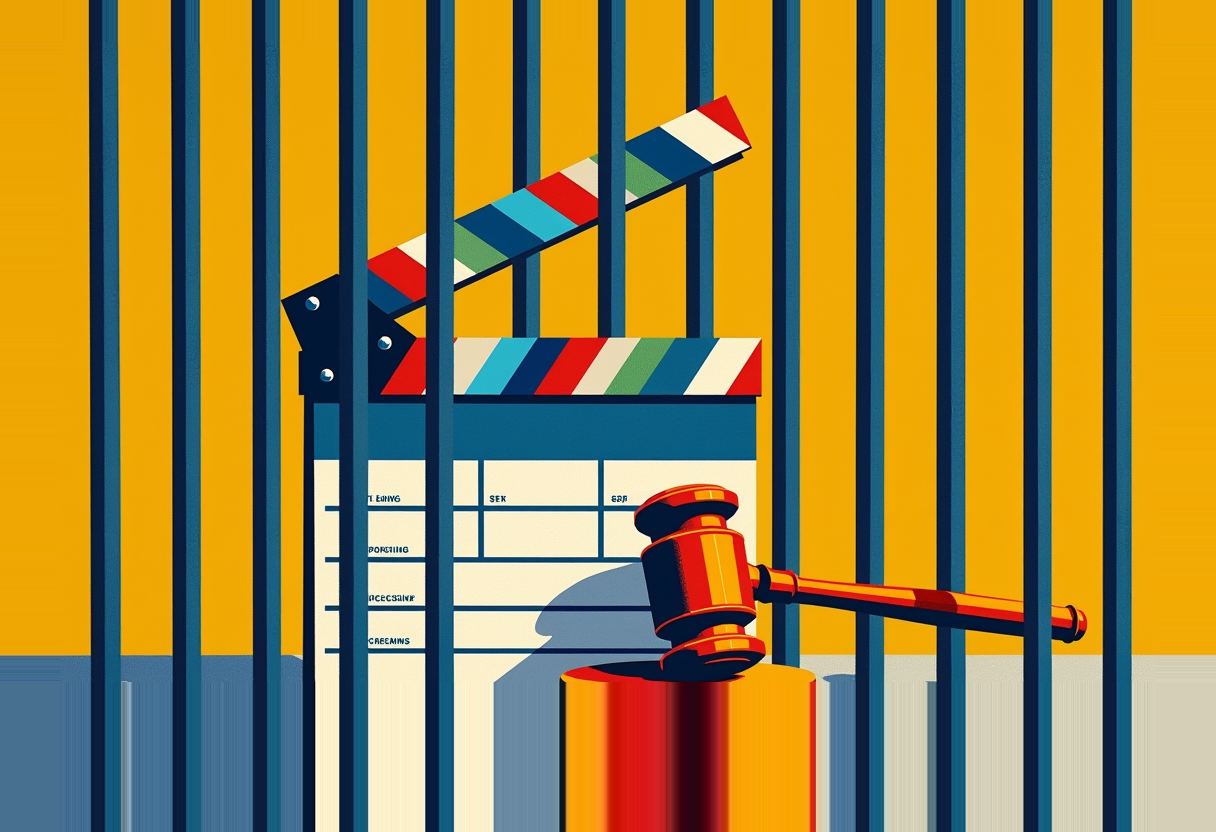 A red gavel rests upright beside a striped film clapperboard, both seen through vertical blue jail bars against a yellow background.