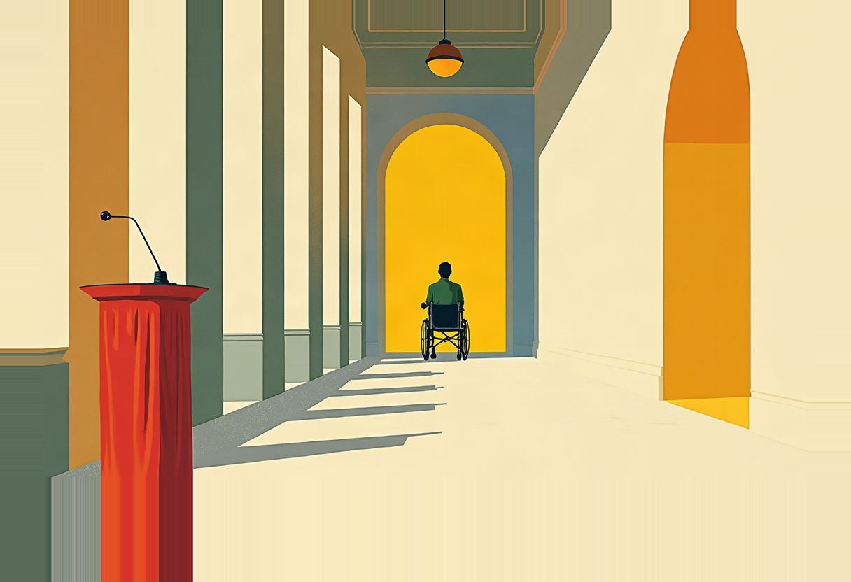 A person in a wheelchair faces away down a colonnaded hallway toward a glowing yellow archway, with an empty red podium and microphone in the foreground.
