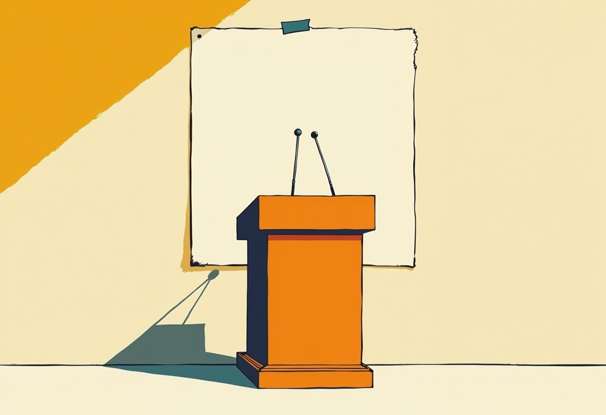 An orange podium with two microphones stands before a blank taped-up poster, against a cream wall with an orange diagonal wedge in the corner.