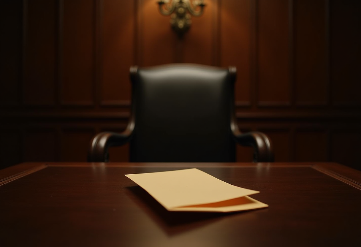 An empty Senate desk chair with a sealed envelope on the dark wooden surface. No human figure visible. Amber institutional lighting.