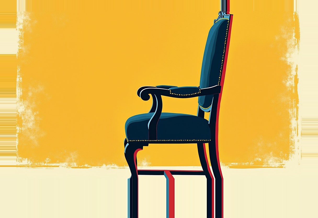 An empty dark blue upholstered armchair shown in side profile with a red-and-teal drop shadow, against a mustard-yellow and cream painted background.