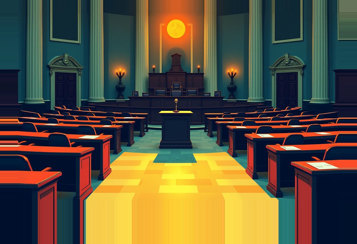 Empty legislative chamber with rows of red-topped desks flanking a lit center aisle leading to a dark podium and a glowing orange orb above the dais.
