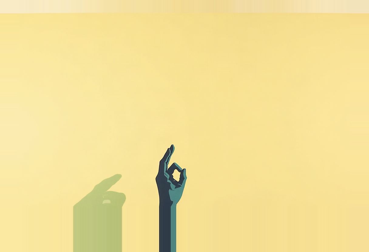 A dark teal hand makes an OK sign against a yellow gradient background, casting a green shadow to its left.