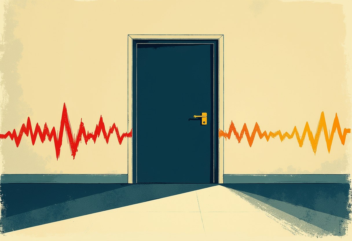 Editorial illustration of a closed hospital door with two ribbons of signal converging on it - a jagged red emergency waveform and a calm gold line - one answer withheld behind the door