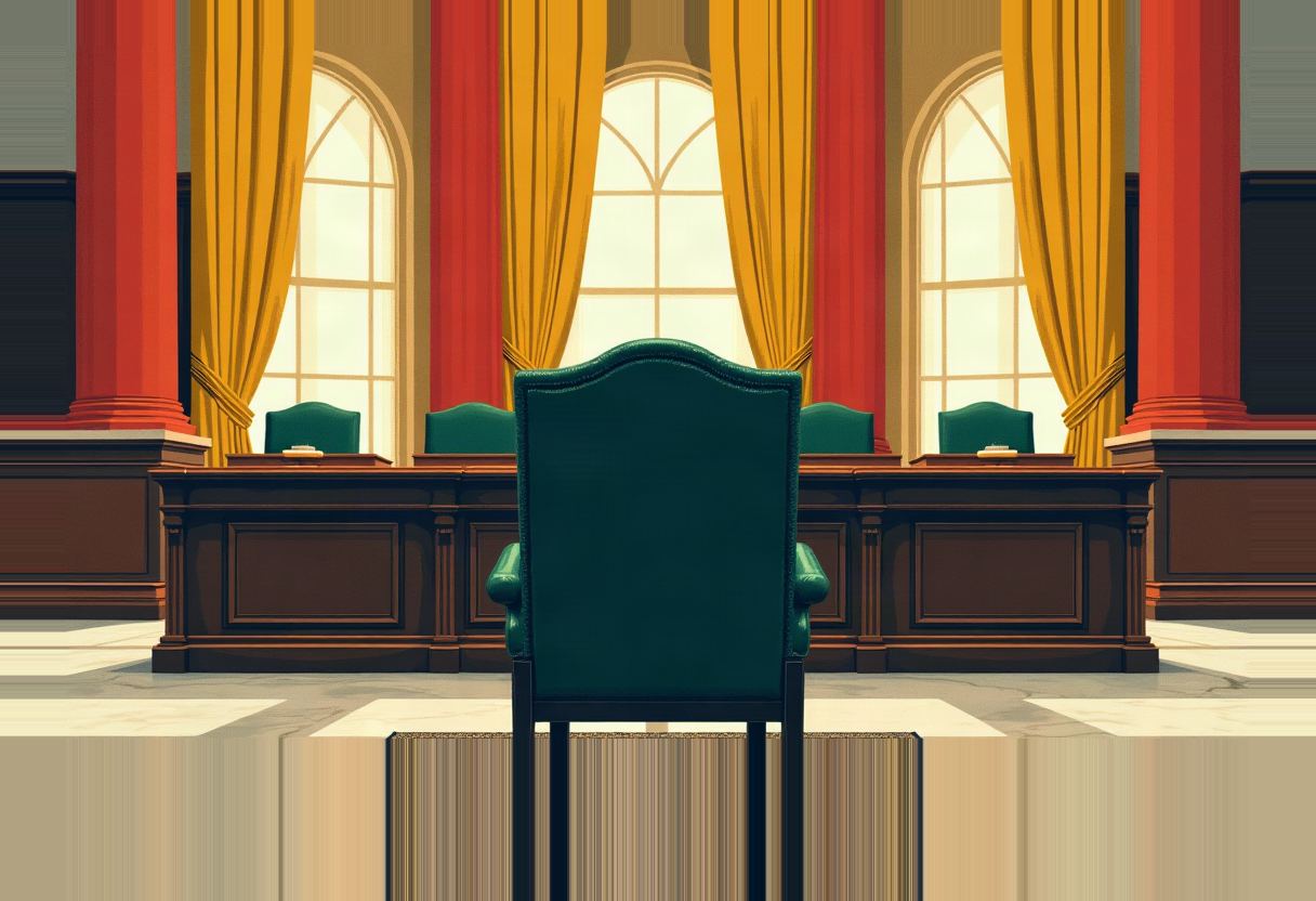 An empty green leather high-backed chair faces a dark wood dais with matching empty chairs, red columns, and gold curtains over arched windows.