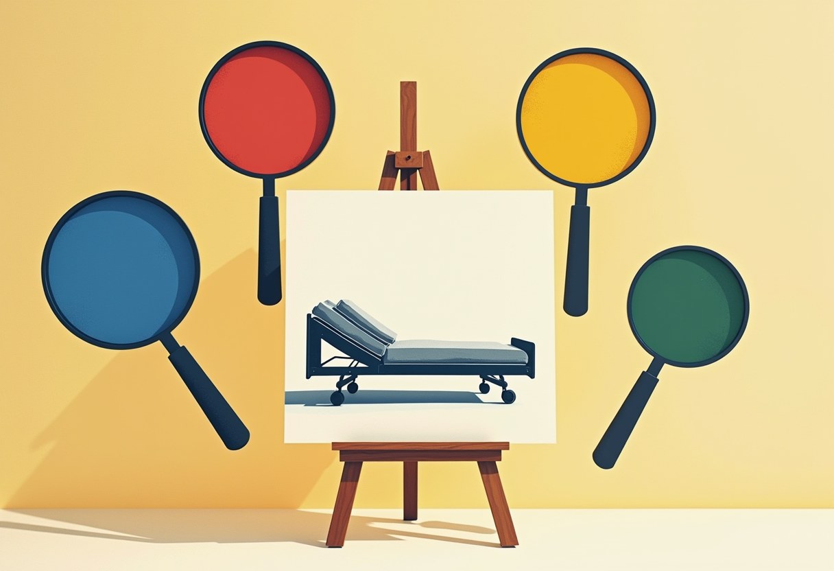 Flat risograph illustration: a framed photograph of an empty hospital bed on a wooden easel, examined by four hovering magnifying glasses with red, blue, yellow and green lenses