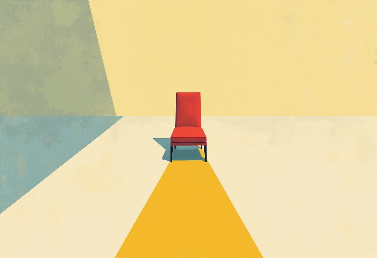 An empty red upholstered chair with black legs stands alone on a pale floor, a yellow triangular path leading to it, against a yellow-and-blue geometric background.