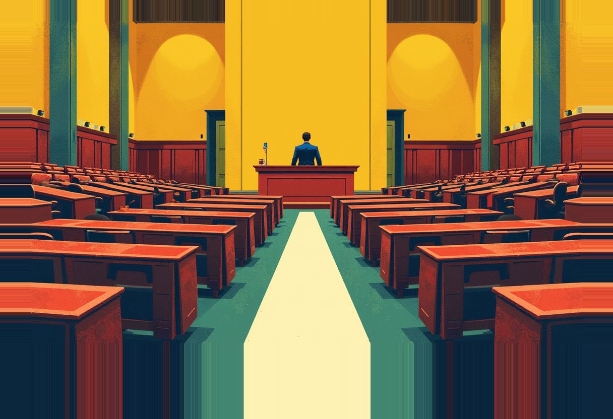 A lone man at a dais faces empty rows of red desks in a yellow chamber, with a pale aisle running down the center.