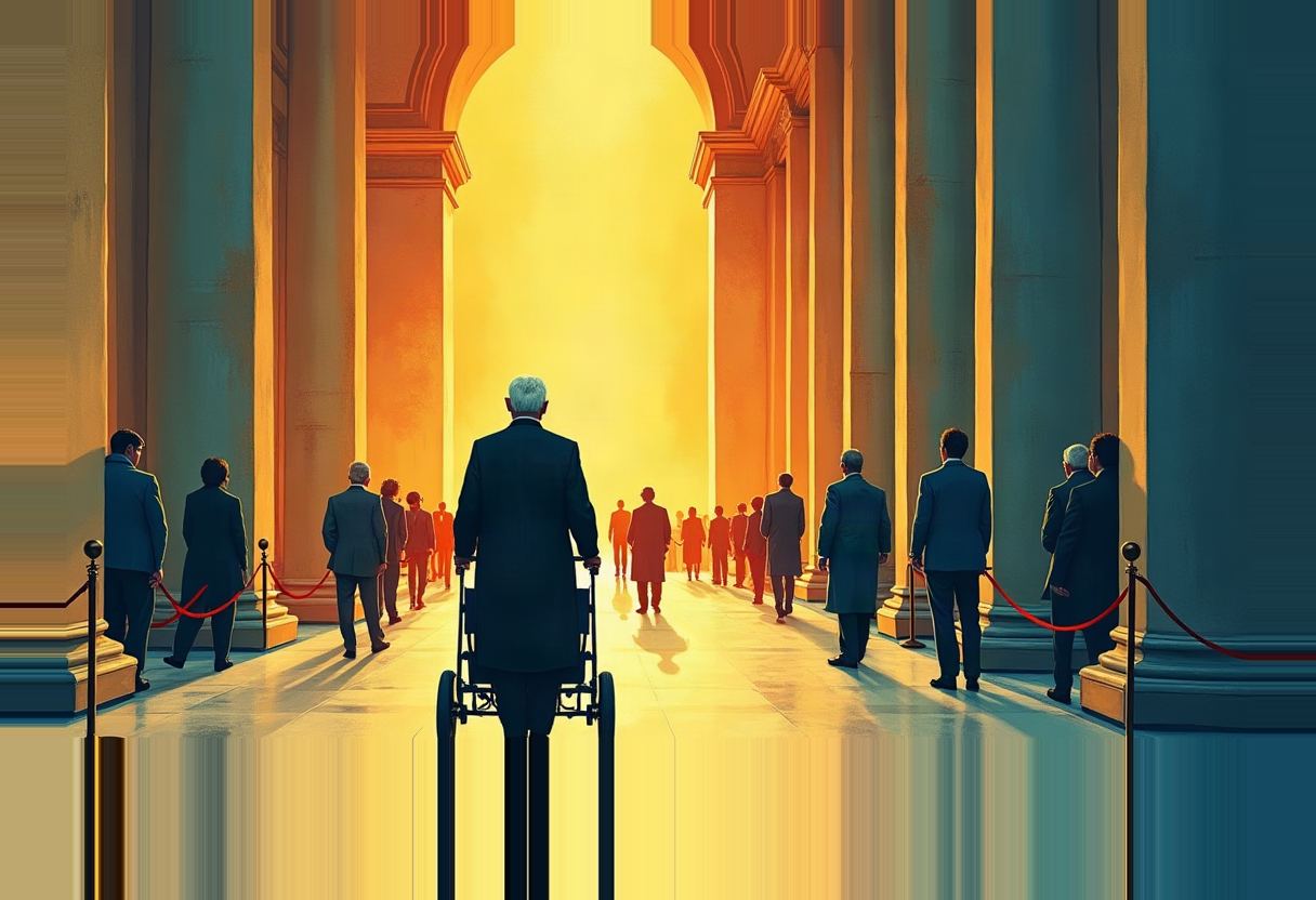 An elderly man with white hair, seen from behind pushing a wheeled walker, walks down a colonnaded hallway toward bright golden light, flanked by rows of people in suits standing behind red velvet ropes on marble columns.