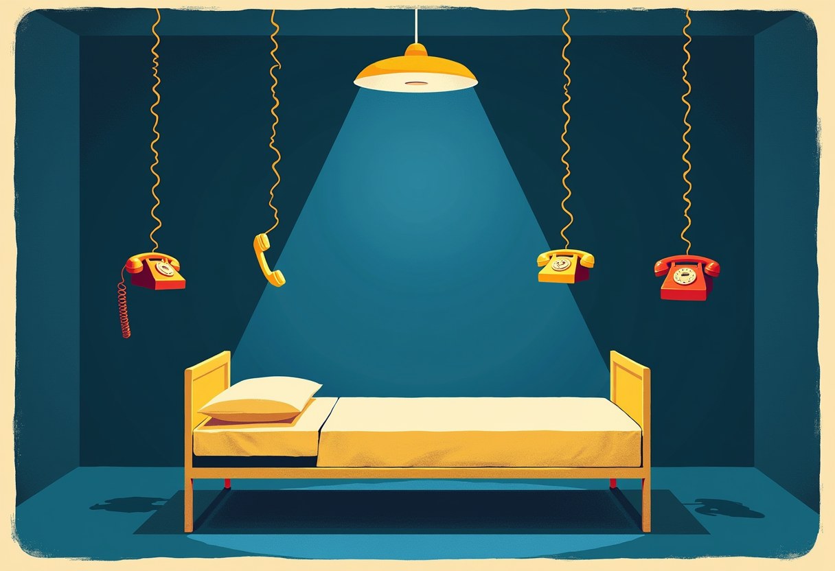 An empty, neatly made hospital bed under a single cold spotlight in a dark room; vintage telephone receivers hover on long cords around the bed as if in conversation with one another, one off the hook — a man discussed by everyone, present to no one.