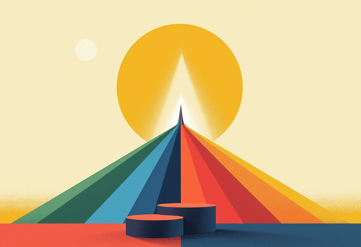 A tall triangular peak striped green, blue, red, and orange rises before a large yellow sun, with two dark cylindrical podiums in front.