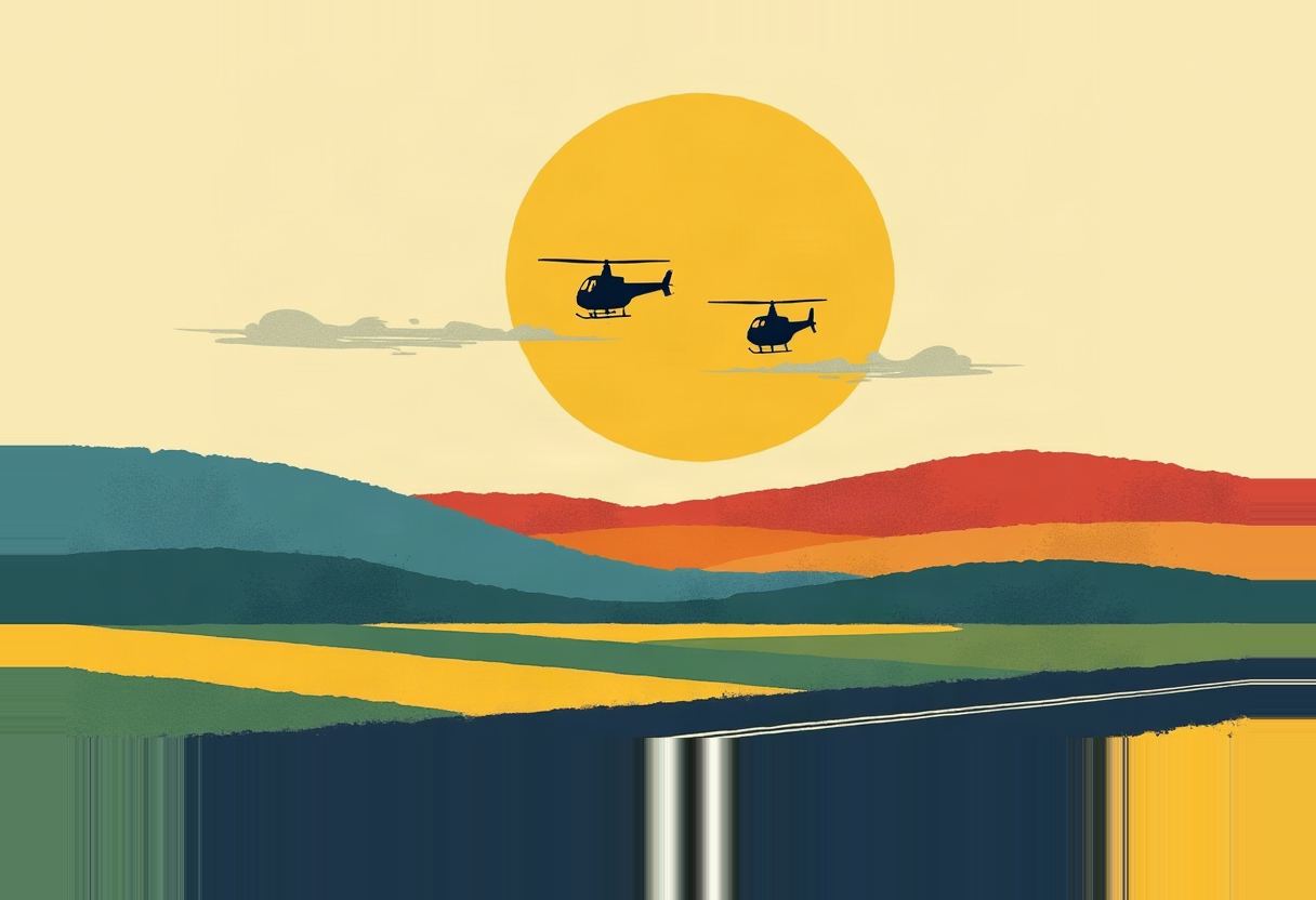 Two dark helicopter silhouettes fly near each other in front of a large yellow sun, above layered blue, red, orange, and yellow hills and fields.