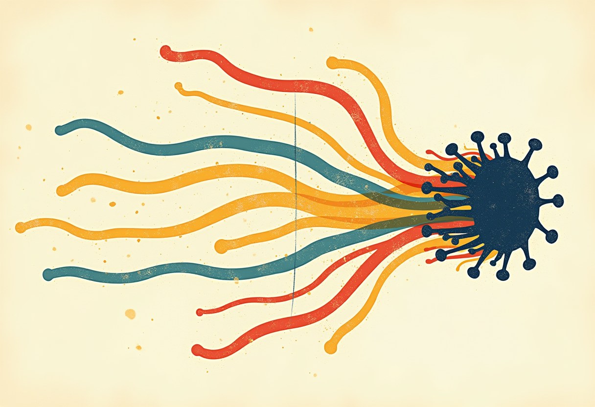 Diverging colored threads branching from a single source, abstract data visualization