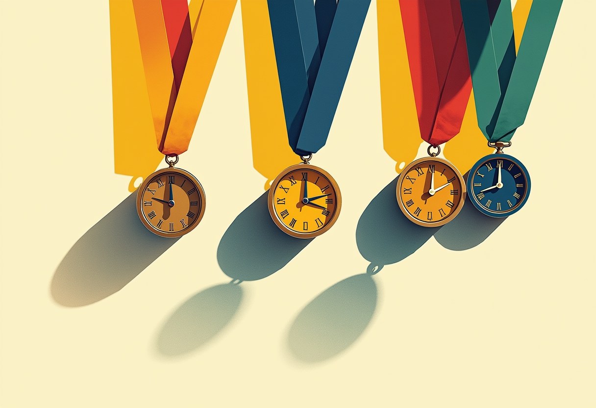 Editorial illustration of three medals whose shadows split into different clocks and troop counts, one turned to the wall