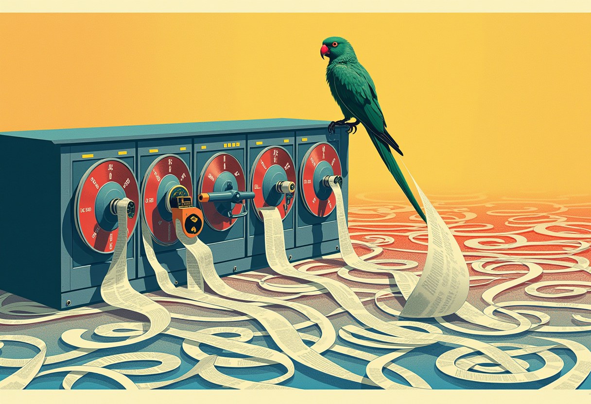 Editorial illustration of a mechanical parrot before six broadcast dials whose transcripts pool into one paper river