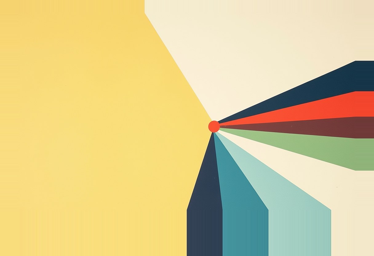 A red dot on a yellow and cream background radiates flat triangular rays in navy, orange, maroon, green, teal, and light blue toward the edges.