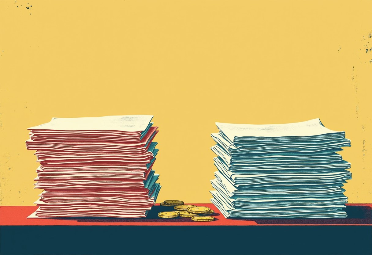 Two uneven stacks of paper ledgers on a desk, with loose coins spilled between them