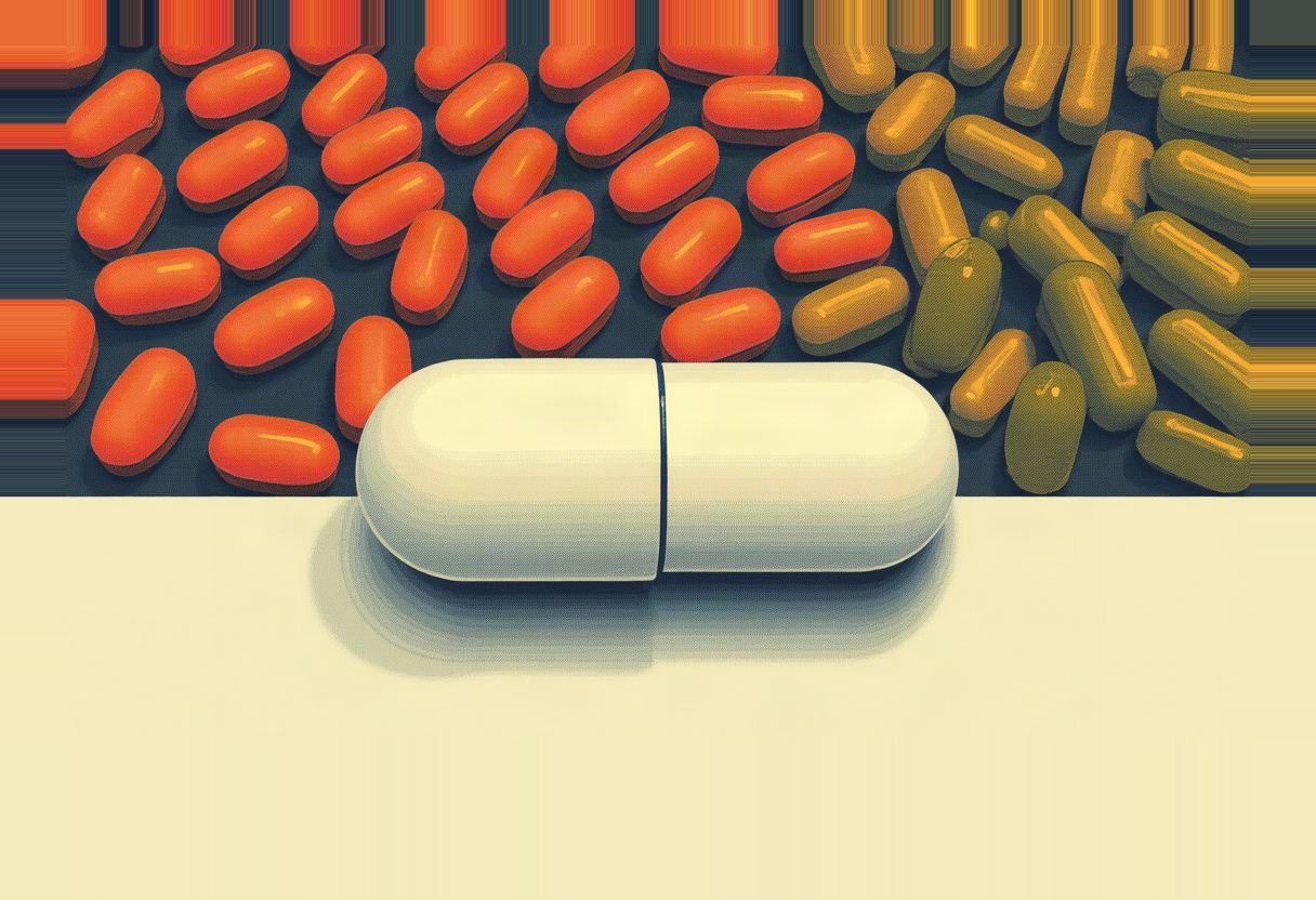 A large white capsule rests on a cream surface in front of smaller orange pills on the left and olive-green capsules on the right, against a dark blue background.