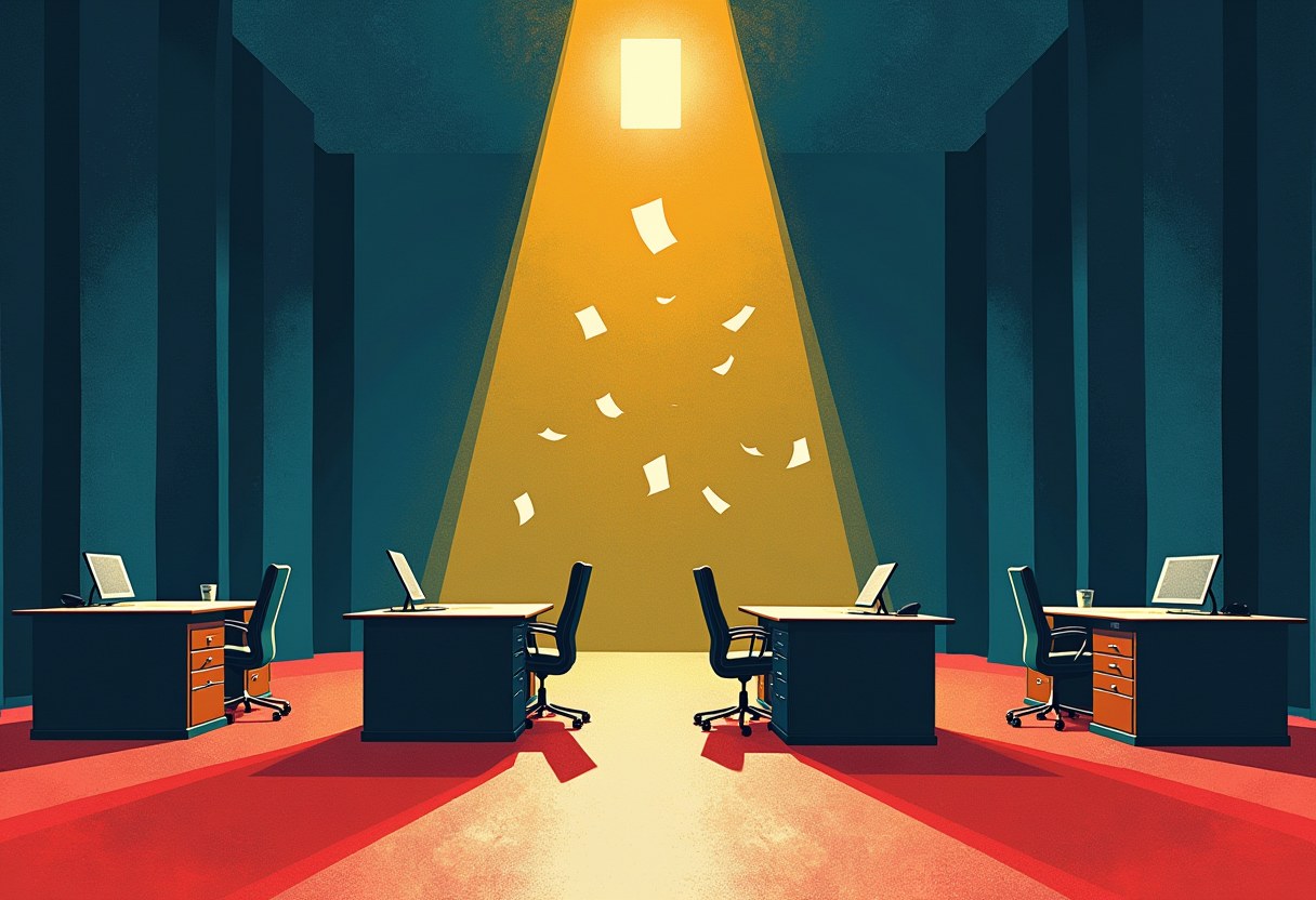 Four empty office desks arranged in a dark federal hall beneath a single glowing document overhead, loose pages drifting down a shaft of light toward the desks; two-color riso, no text or people.