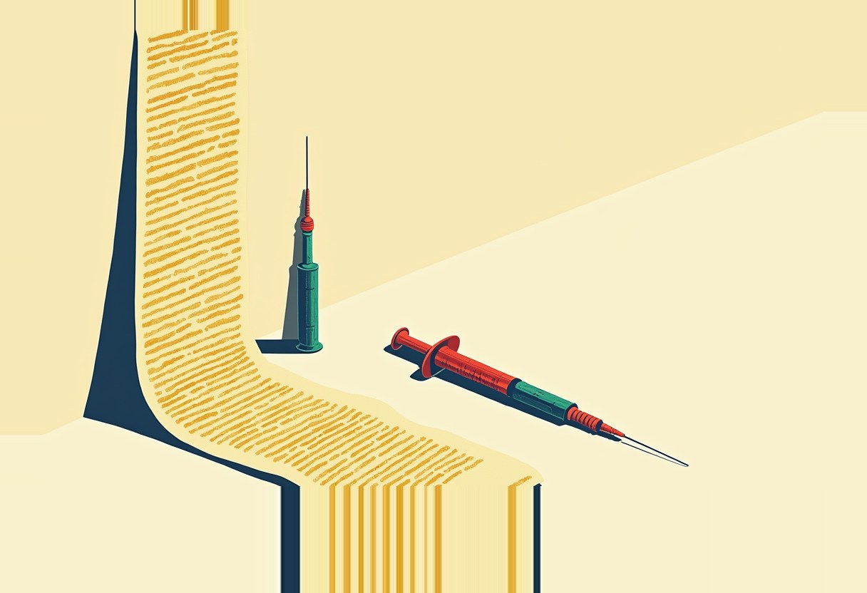One green syringe stands upright, another lies on its side, beside a striped path that turns from dashes into vertical bars, on cream background.