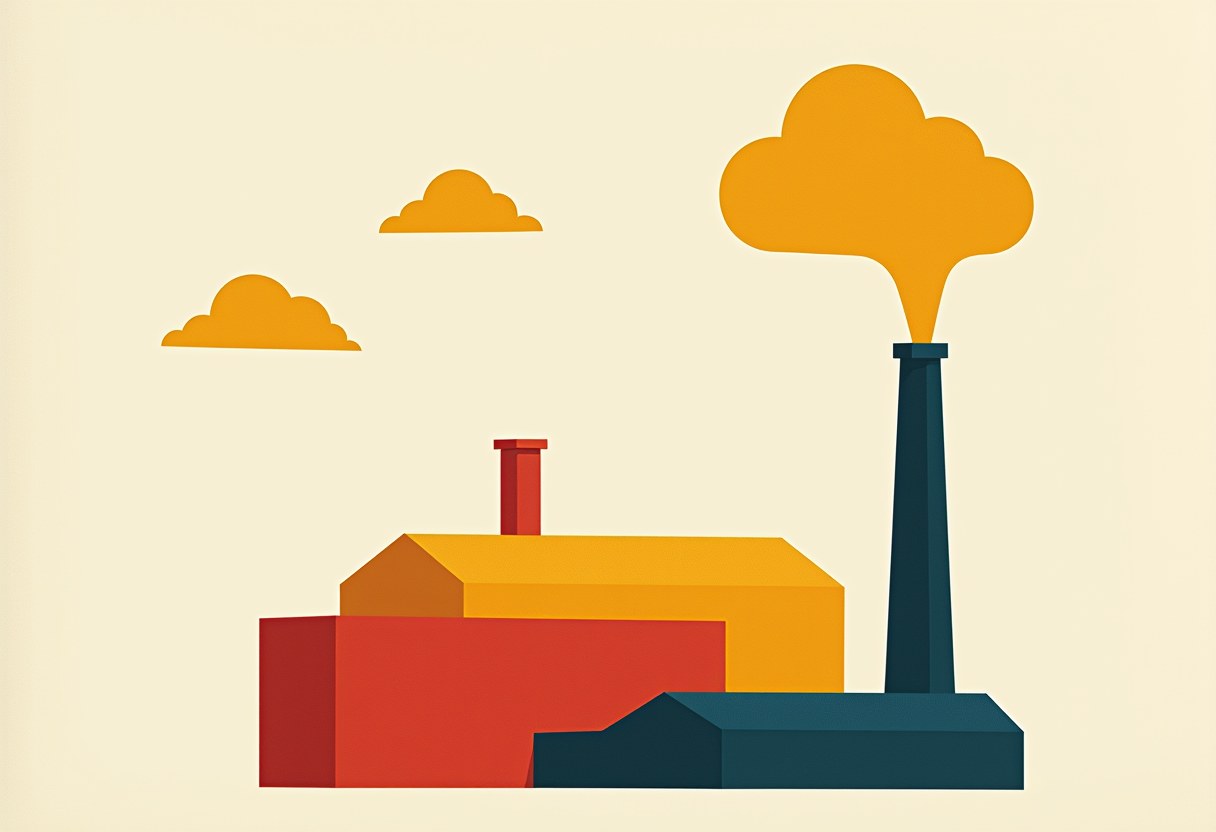 Flat-style illustration of a red, yellow, and dark teal building complex with a tall smokestack releasing yellow smoke, beside two small yellow clouds, on a cream background.
