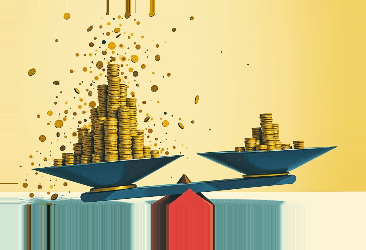 A two-pan balance scale on a red triangular fulcrum tips left, its blue tray piled high with gold coins raining from above, outweighing a smaller coin stack on the right pan.