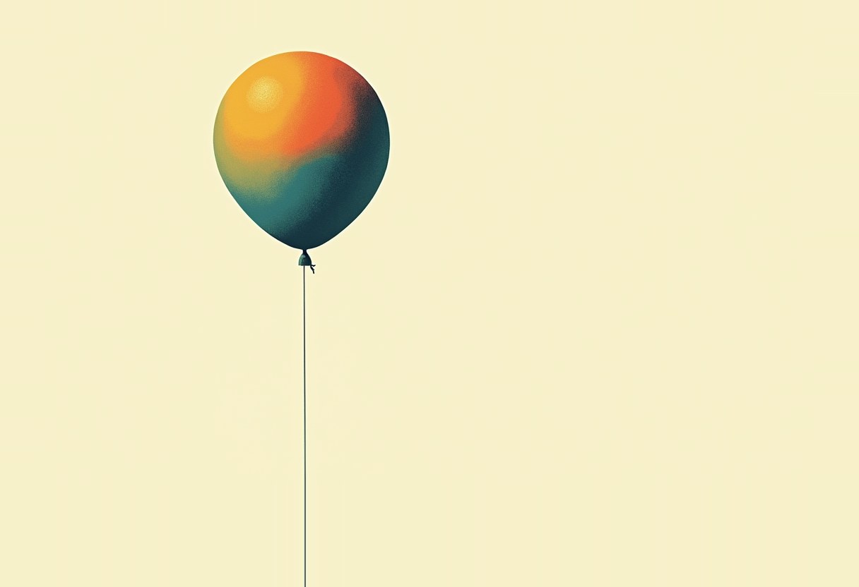 A single balloon shaded yellow, orange and dark teal, tied with a long string, floats against a pale cream background.