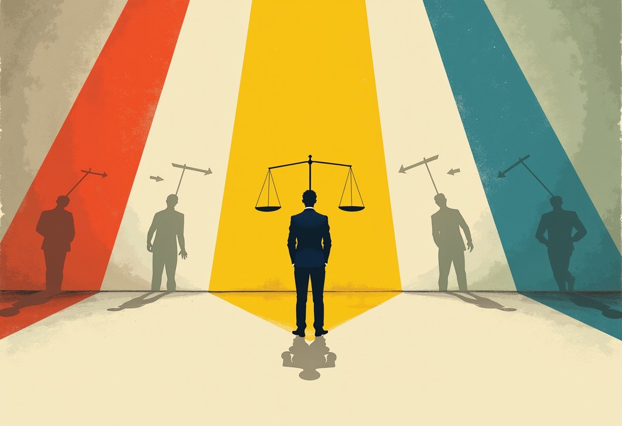 A dark-suited figure with scales of justice above his head stands on a yellow stripe flanked by four silhouetted figures on orange, cream, and teal stripes, each topped with a directional arrow.