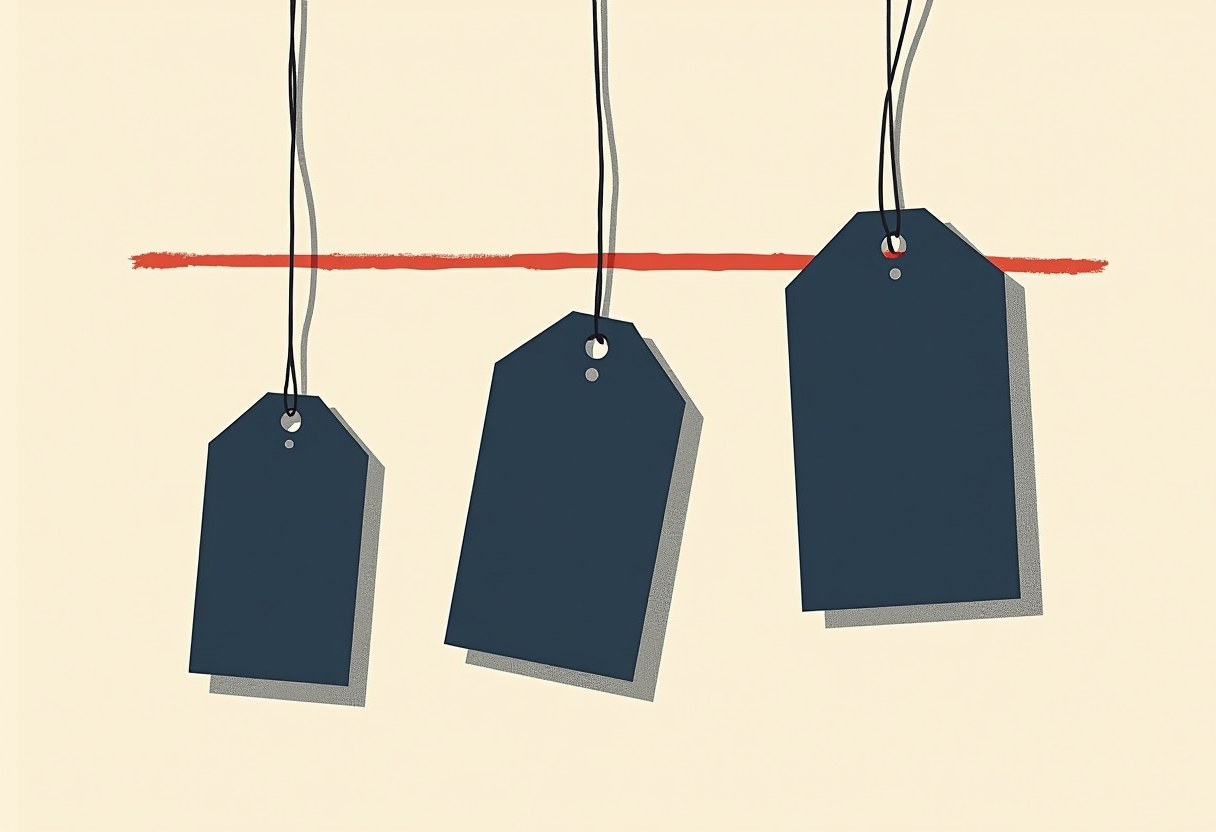 Risograph illustration: three blank navy price tags of three different sizes hang in a row from strings, crossed by a single thin red horizontal line. No numbers on any of them.