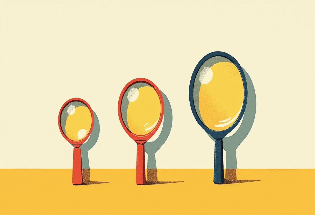 Editorial illustration of three magnifying glasses each casting a shadow that does not match it