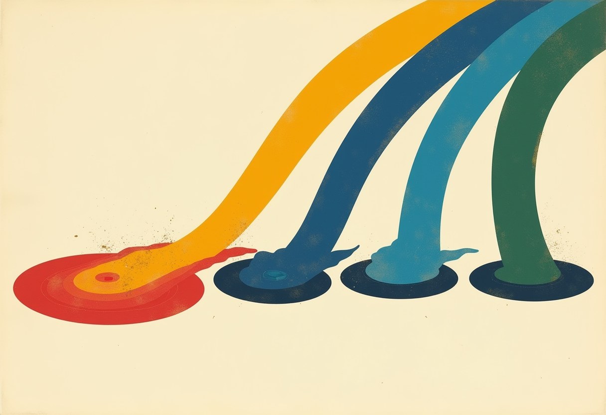 Four curved streams of paint—red/orange, dark blue, light blue, and green—arc down onto a cream background, each pooling in a dark oval puddle.
