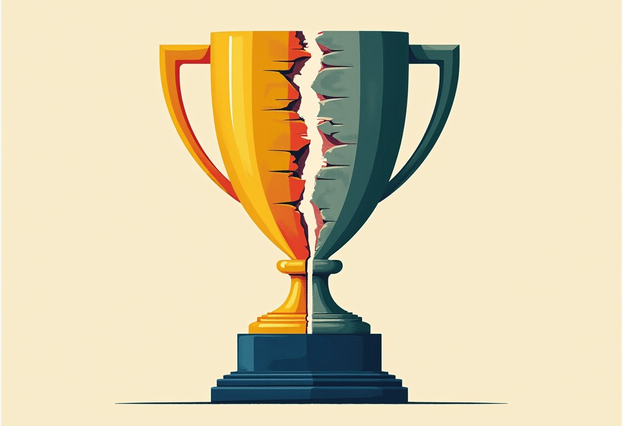 A trophy split down the middle, its left half yellow-orange and right half dark teal, cracked apart with red showing between, on a cream background.