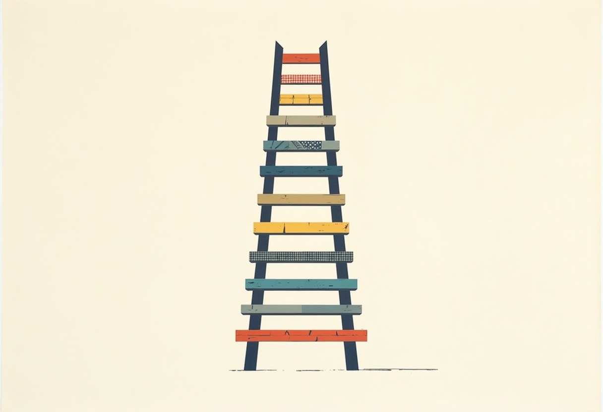 A tall dark ladder with rungs in mismatched colors and patterns—orange, gingham, yellow, tan, patterned, teal—stands on a cream background.