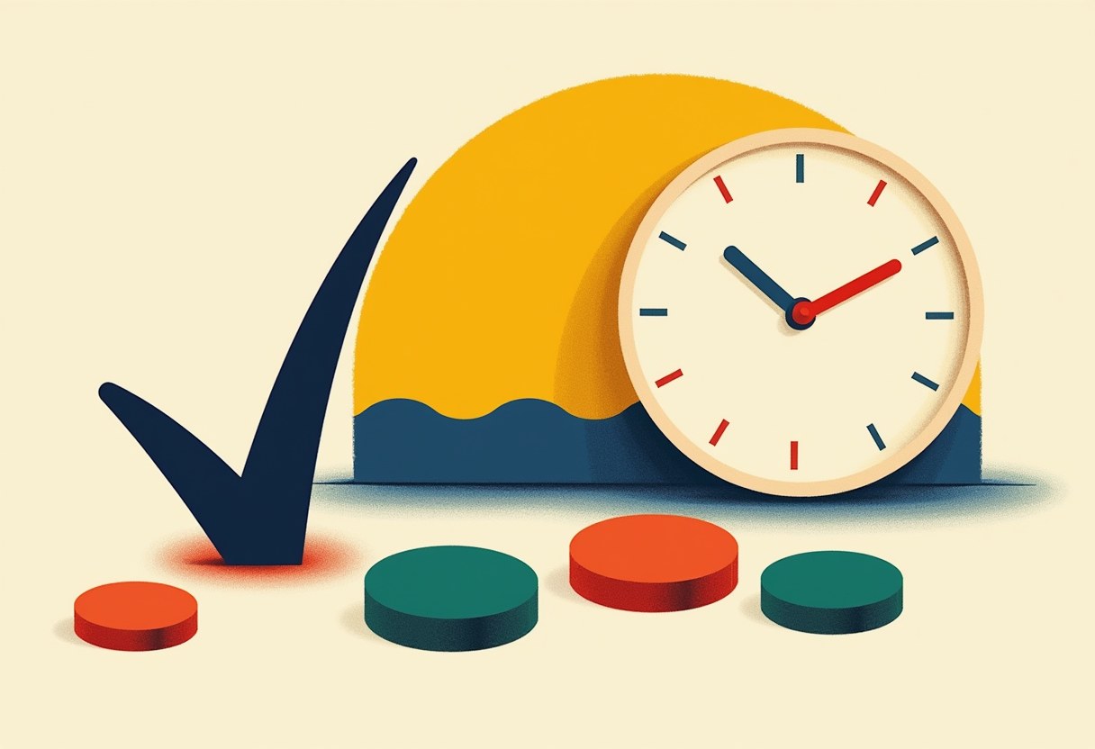 A dark blue checkmark and a round clock with red and blue hands stand in front of a yellow half-circle sun over a wavy blue line, with four round red and teal tokens lined up below.
