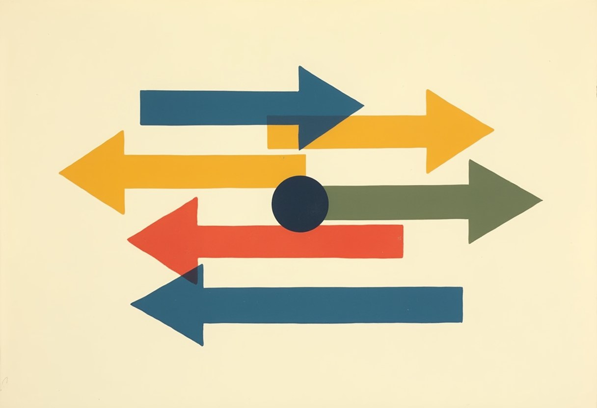 Five flat arrows of the same size fan outward from a single navy circle at the center on a cream background.